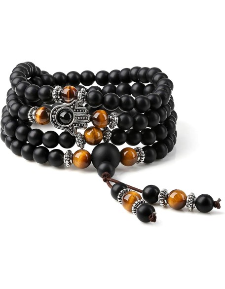108 Mala Black Stone Hamsa Hand Bracelet Necklace