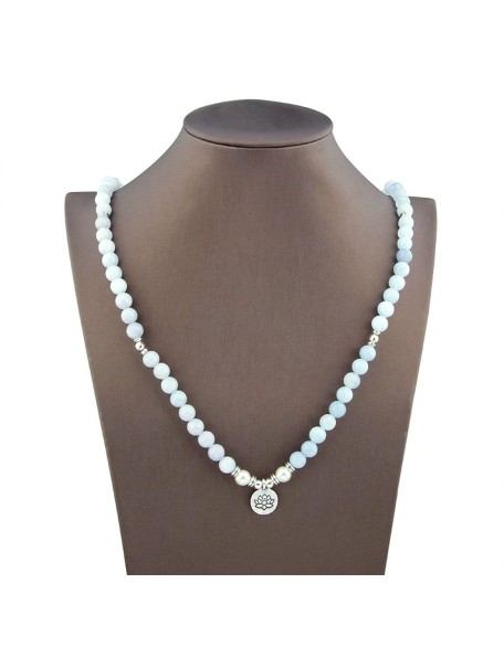 108 Mala Beads Mint Aquamarine & Lotus Charm POWERFUL EMOTIONAL HEALER Real Natural Stones Stretchy Yoga Bracelet Meditation Chakra Necklace US HANDMADE