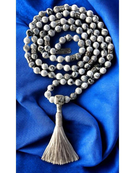 Hand Knotted White Howlite Mala Necklace (8mm 108 Beads, Zinc Alloy Spacers) - Gemini Birthstone, Zodiac Sign, and Throat Chakra