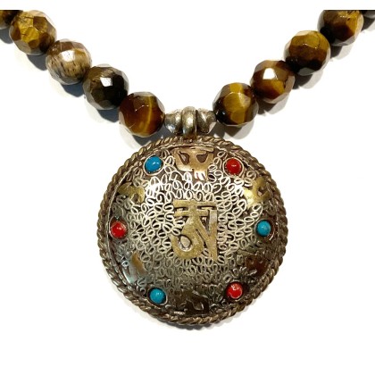 Om Nepal Mandala Necklace, Tibet Kalachakra Pendant from Nepal, Coral Pendant Necklace, Buddhist Necklace, Tiger Eye Tibet Jewelry Statement Buddhist Necklace by AnnaArt72