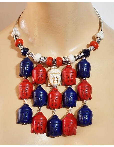 Carved Red Blue White Gemstone Multi-Buddha Handmade Necklace Earrings