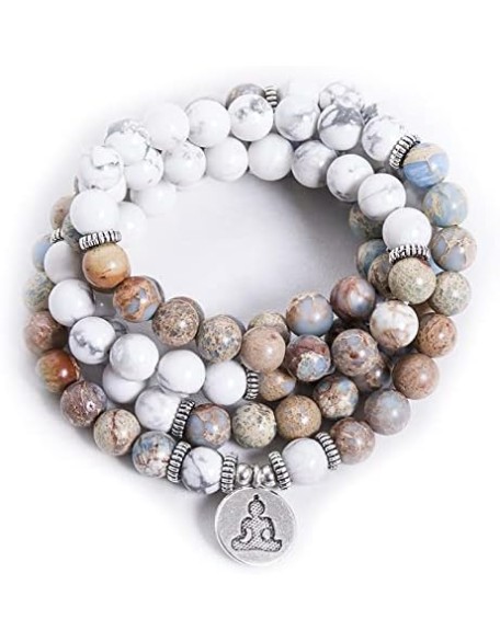 8mm Natural Emperor Jasper Beaded Elastic Cord Wrap Bracelet Meditation Yoga Healing Jewelry 108 Mala Women Bangle (Buddha)