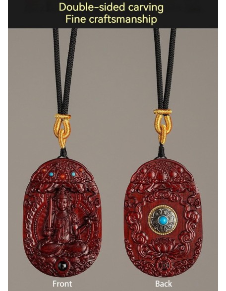 Rosewood Buddha Statue Pendant Necklace, Tibetan Buddhist Jewelry, Feng Shui Wealth Protection Lucky Amulet, Ward Off Evil Talisman, Handmade Wood Carving Religion Gift